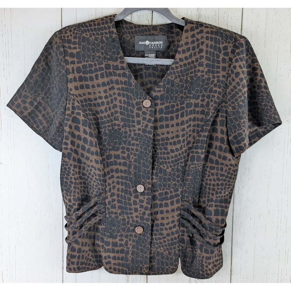 Sag Harbor Petite Size 12 Womens Brown Black Print Short Sleeve Button Up Top